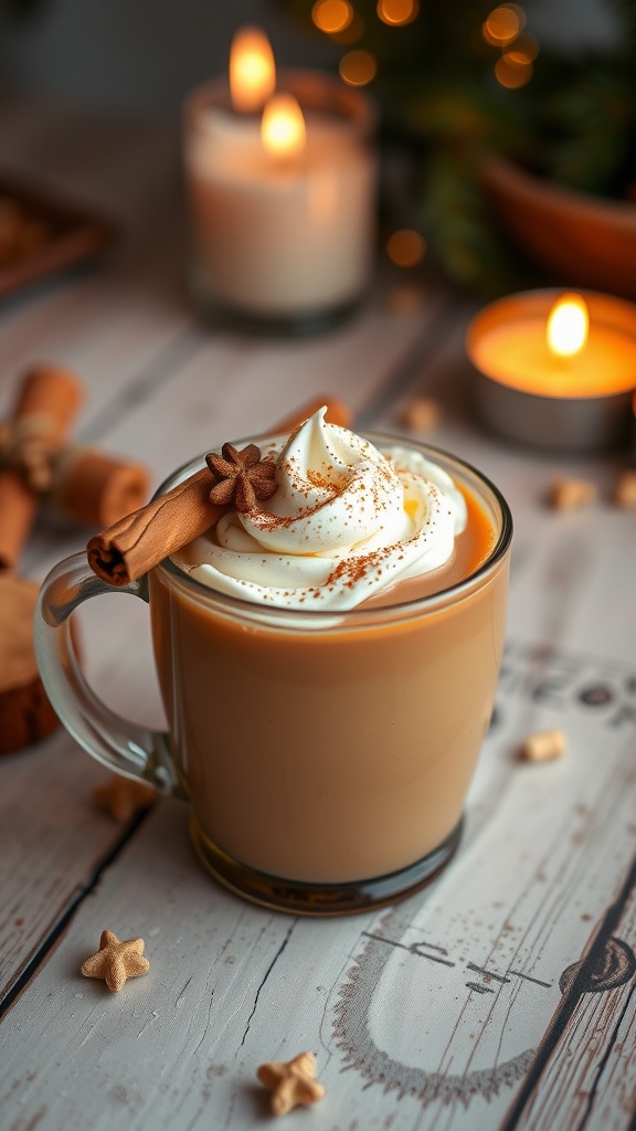 A warm mug of Vanilla Chai Hot Toddy garnished with a cinnamon stick and whipped cream on a wooden table.